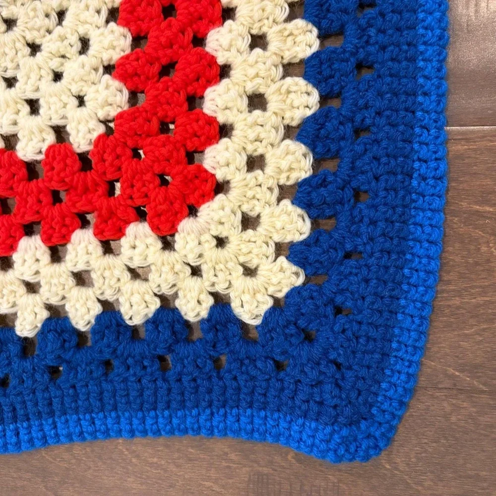 Vtg Patriotic Blanket Handmade Crochet Granny Square 42